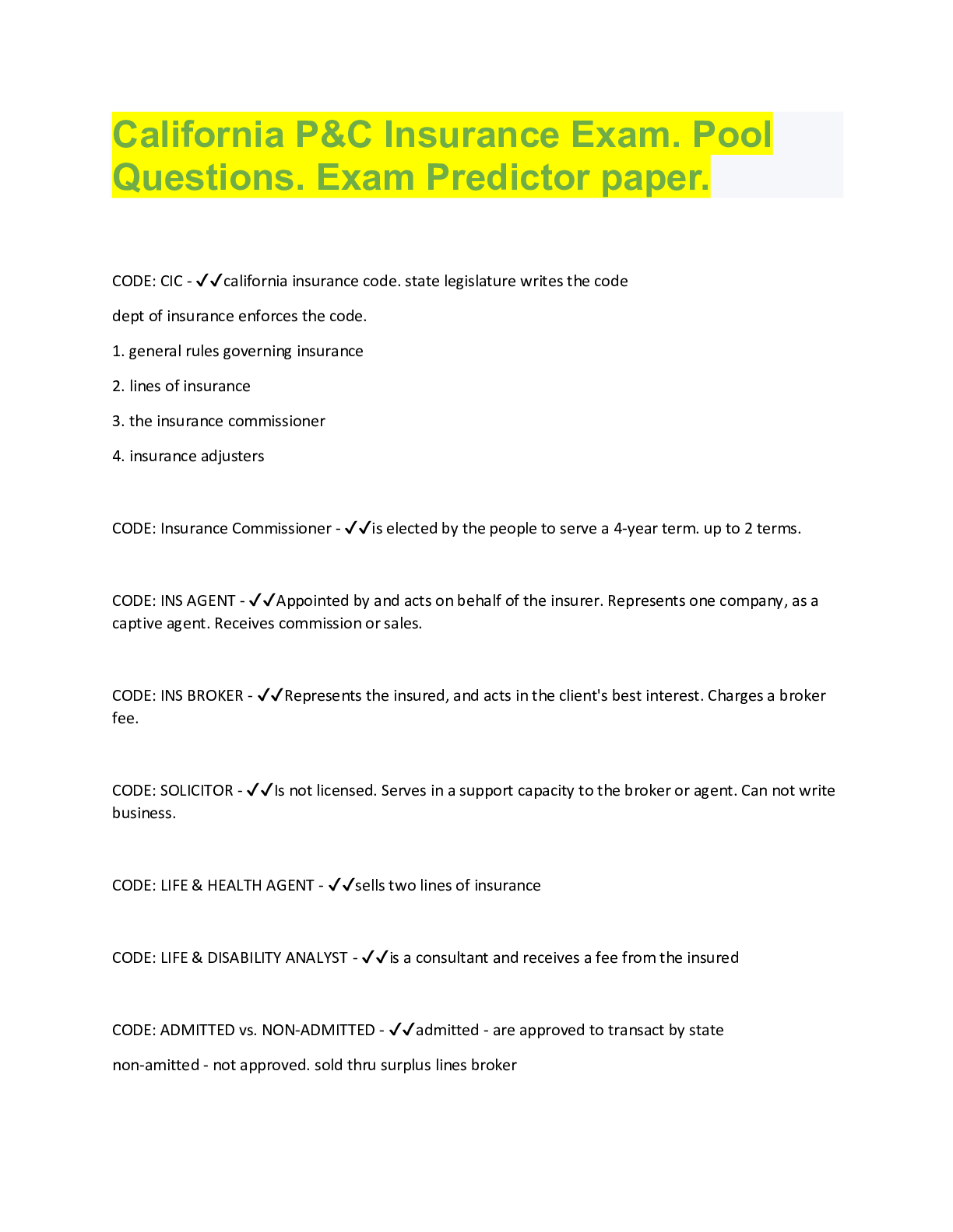 Preview image for California P&C Insurance Exam, Exam study Guider. 100% mastery. Rated A.